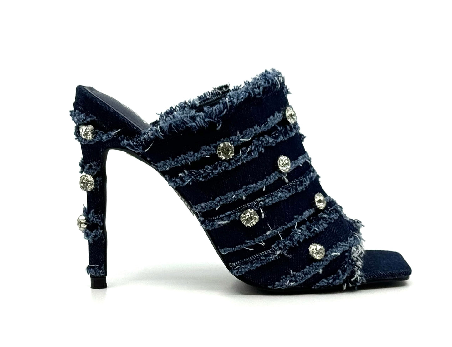 Revolt Women’s Rhinestone Denim High Heel Mules – Frayed Square Toe Stiletto Party Heels
