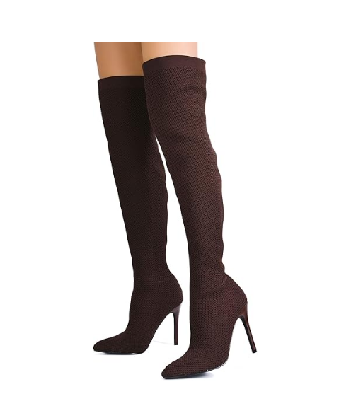 Geina Over-the-Knee Pointed Toe Sock Boots – Women’s Stretch Knit Stiletto Heel Thigh High Boots