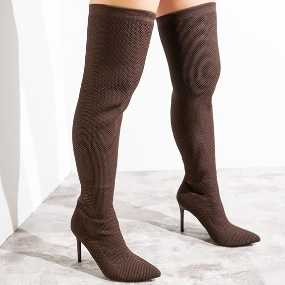 Geina Over-the-Knee Pointed Toe Sock Boots – Women’s Stretch Knit Stiletto Heel Thigh High Boots