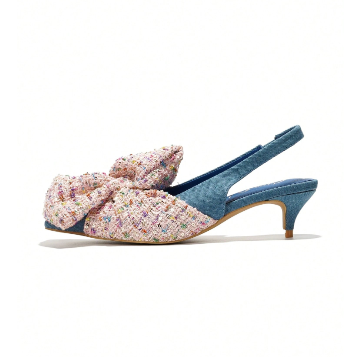 Lisandra Bow Slingback Kitten Heels â Pointed Toe Statement Pumps for Women (Leopard / Pastel Tweed)