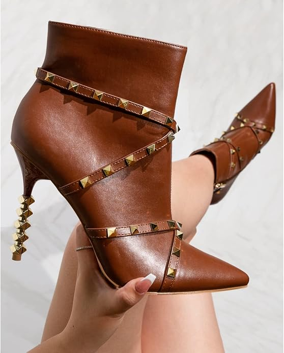 Ines Studded Sculpted Heel Booties â Pointed Toe Stiletto Ankle Boots for Women