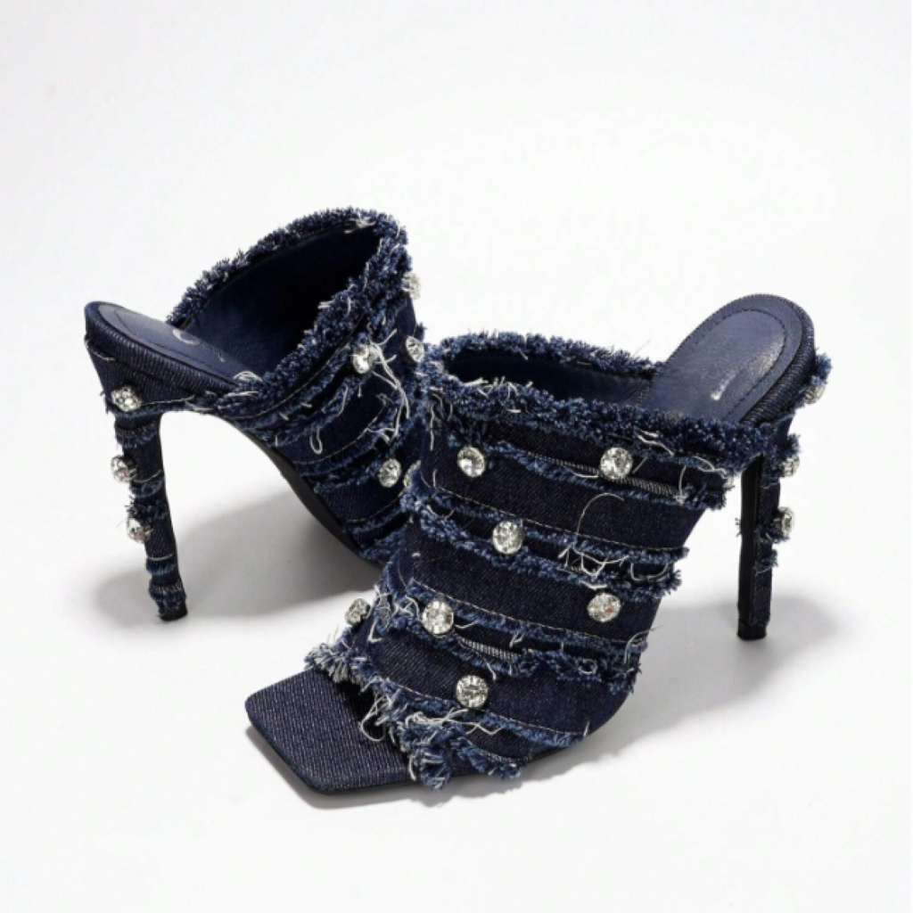 Revolt Women’s Rhinestone Denim High Heel Mules – Frayed Square Toe Stiletto Party Heels
