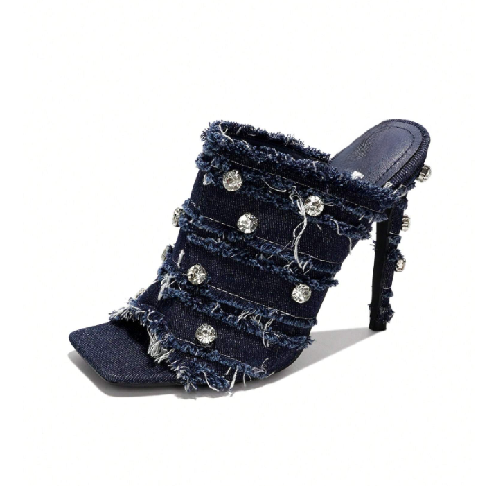 Revolt Women’s Rhinestone Denim High Heel Mules – Frayed Square Toe Stiletto Party Heels