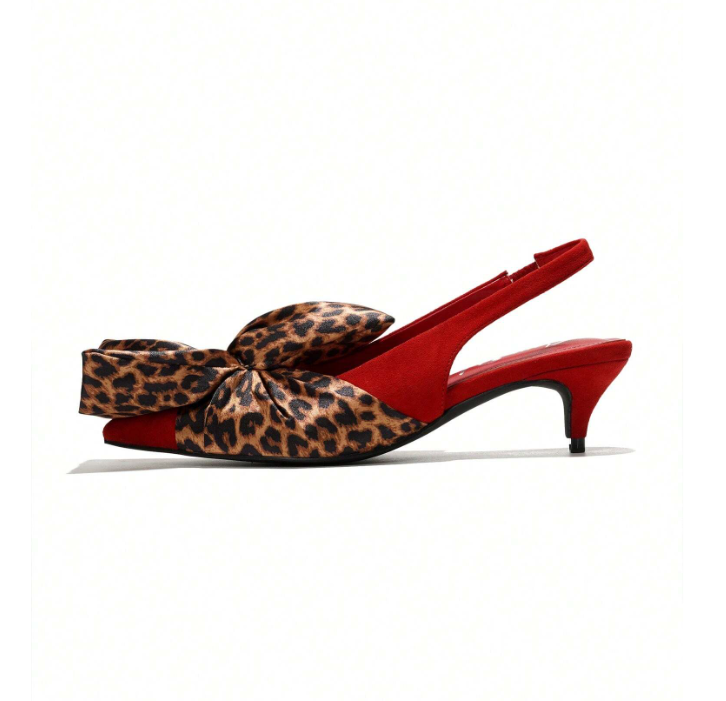 Lisandra Bow Slingback Kitten Heels â Pointed Toe Statement Pumps for Women (Leopard / Pastel Tweed)