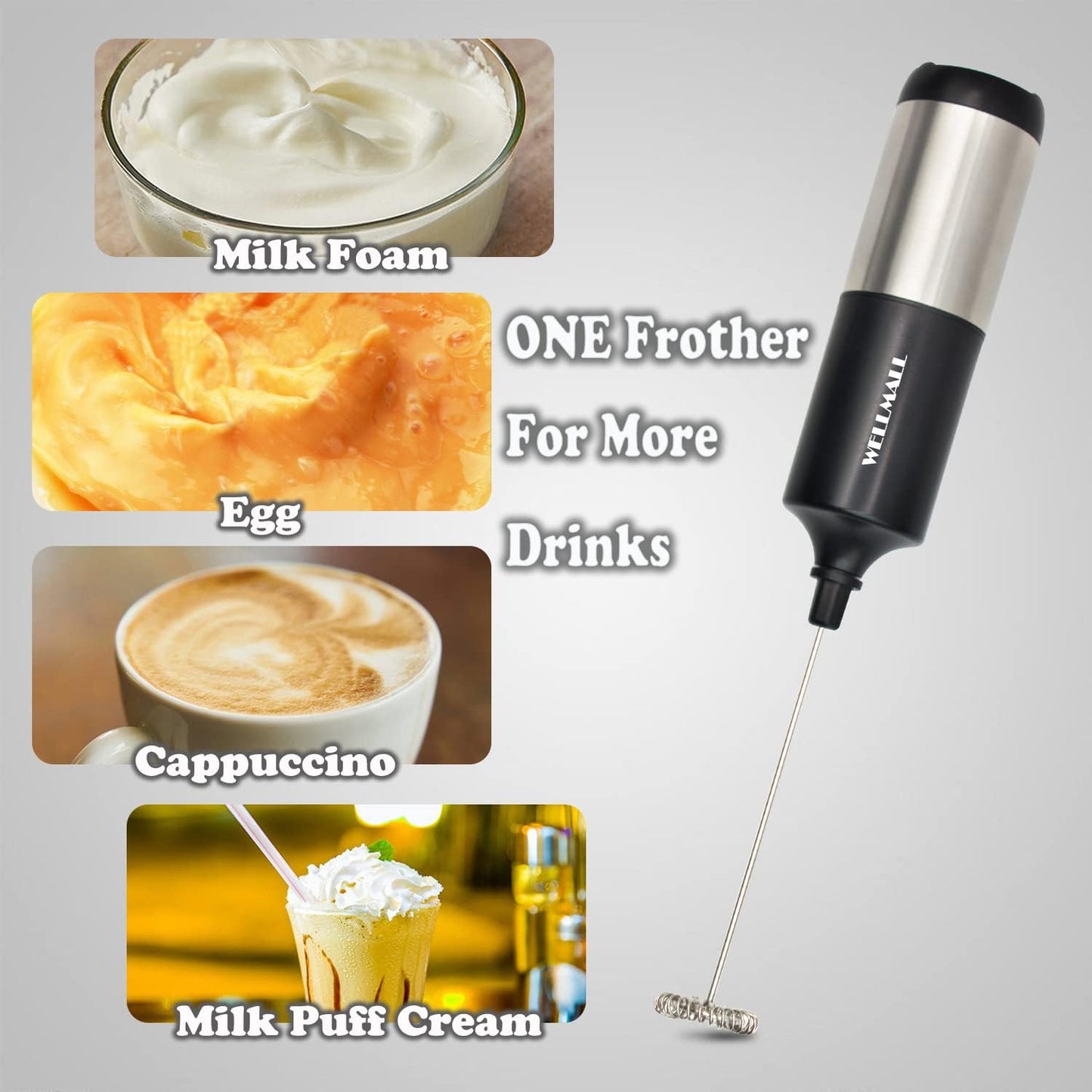 2 Packs (Black & White) Stainless Steel Milk Frother Handheld Battery Operated, Waterproof Electric Whisk Foam Maker for Latte, Coffee, Hot Chocolate