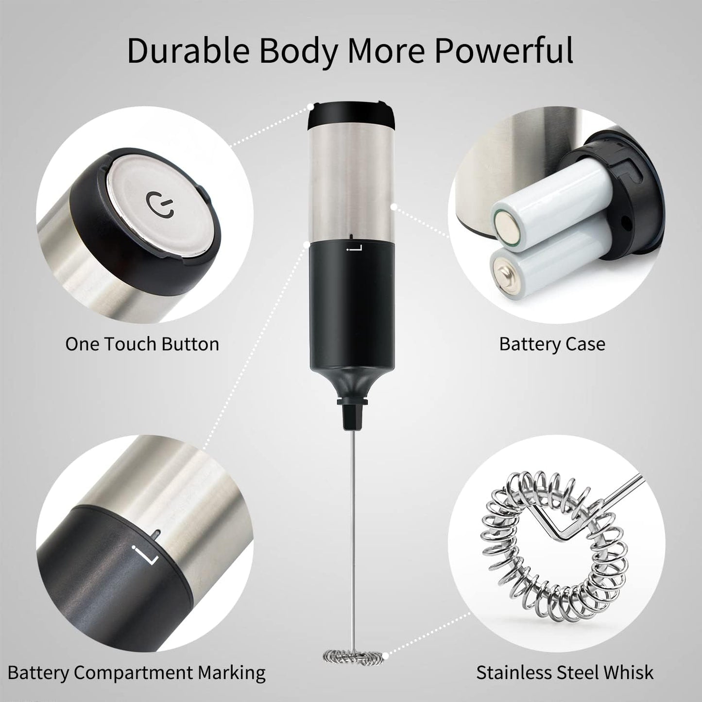 2 Packs (Black & White) Stainless Steel Milk Frother Handheld Battery Operated, Waterproof Electric Whisk Foam Maker for Latte, Coffee, Hot Chocolate