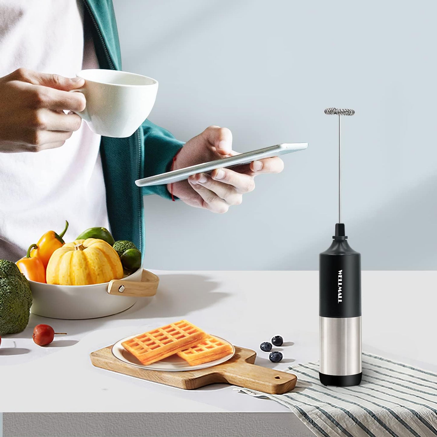 2 Packs (Black & White) Stainless Steel Milk Frother Handheld Battery Operated, Waterproof Electric Whisk Foam Maker for Latte, Coffee, Hot Chocolate