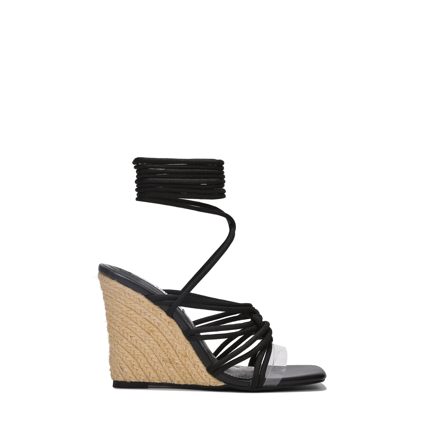 ISLO Women's Lace-Up Wedge Heels – Square Toe Espadrille Sandals with Clear Strap and Rope Wrap for Summer Outfits, Beach, or Parties