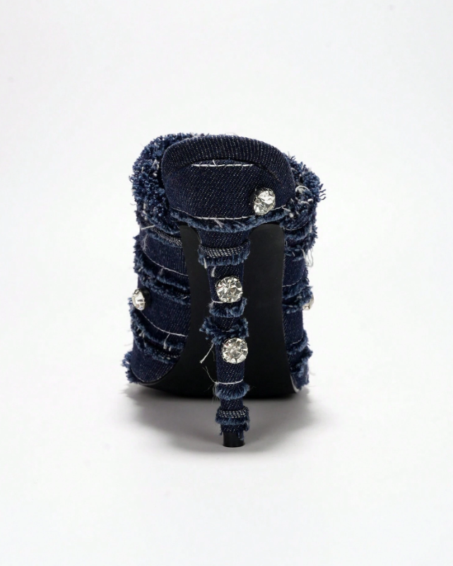 Revolt Women’s Rhinestone Denim High Heel Mules – Frayed Square Toe Stiletto Party Heels