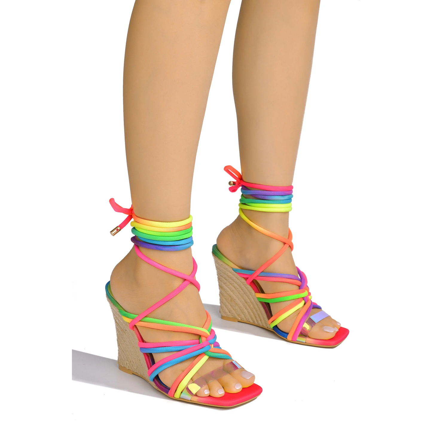 ISLO Women's Lace-Up Wedge Heels – Square Toe Espadrille Sandals with Clear Strap and Rope Wrap for Summer Outfits, Beach, or Parties