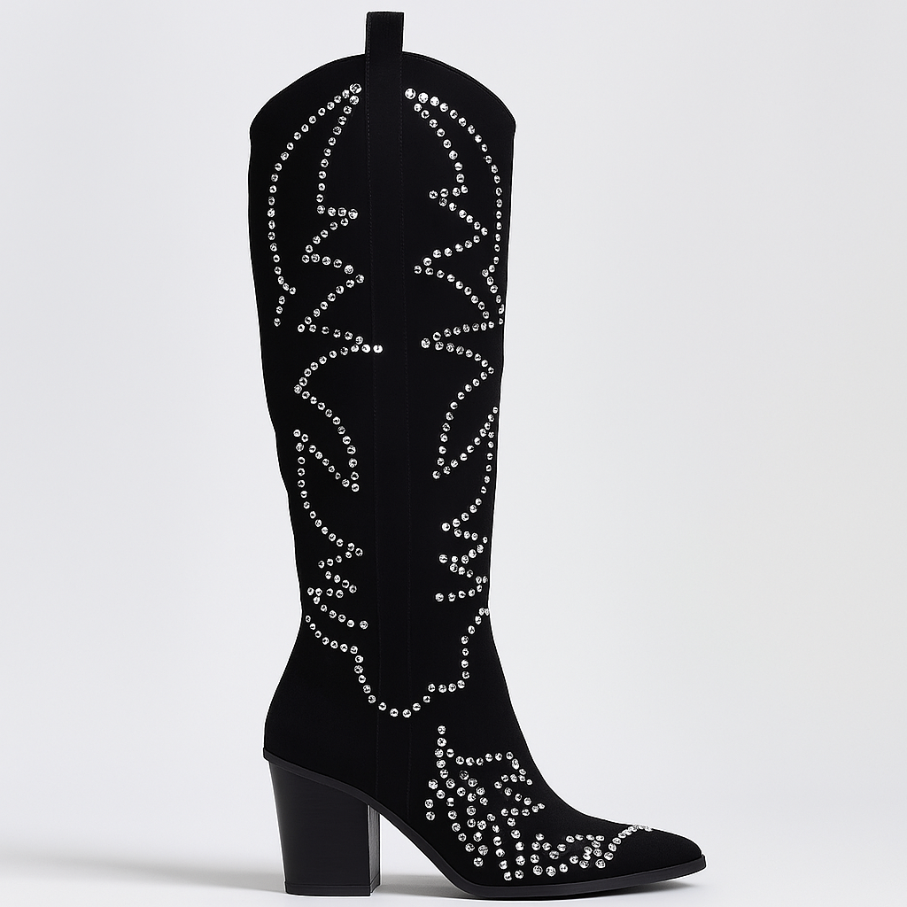 Tripoli™ Women’s Rhinestone Cowboy Boots – Suede Knee-High Western Party Boots with 3-Inch Heel