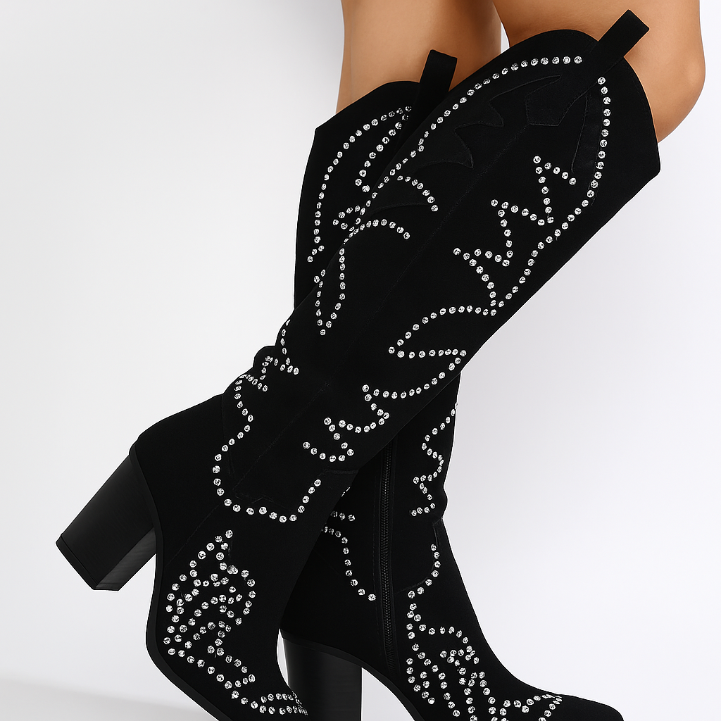 Tripoli™ Women’s Rhinestone Cowboy Boots – Suede Knee-High Western Party Boots with 3-Inch Heel