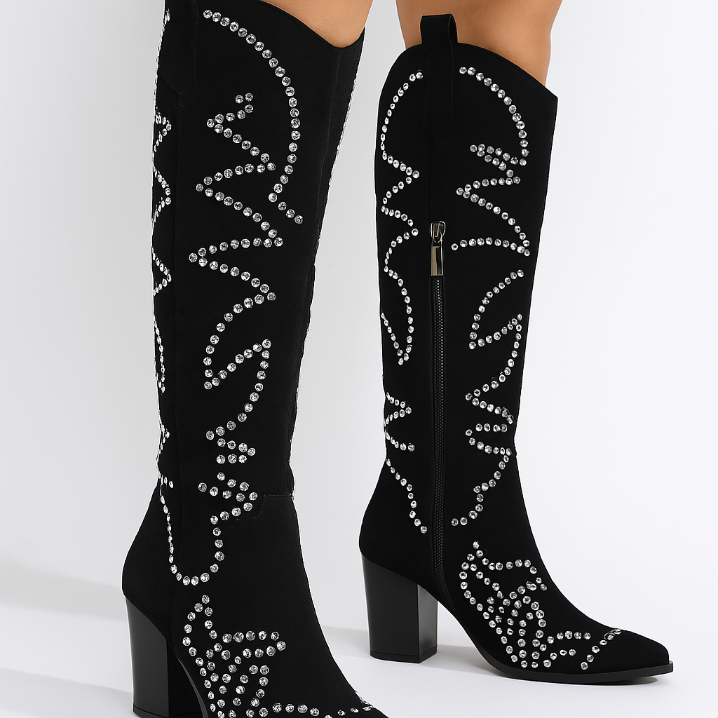 Tripoli™ Women’s Rhinestone Cowboy Boots – Suede Knee-High Western Party Boots with 3-Inch Heel