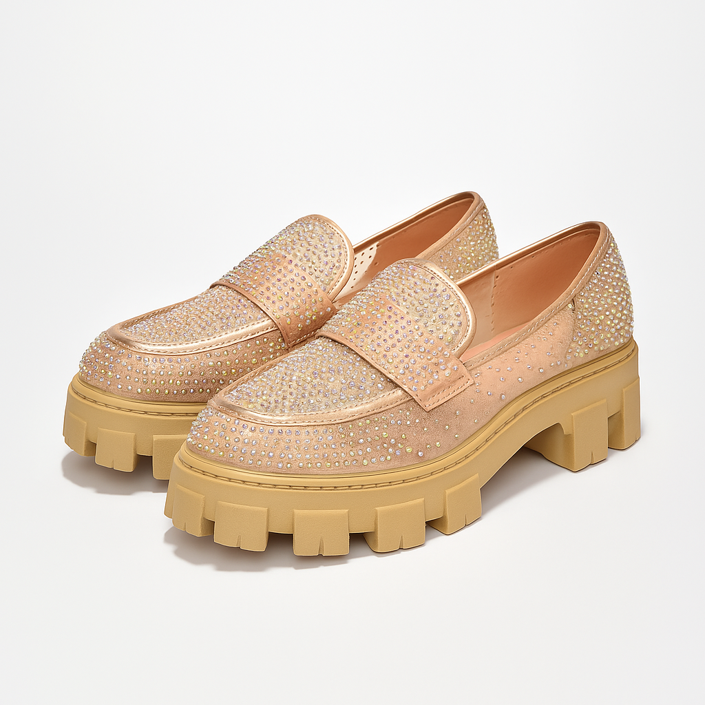 Abbe Women’s Rhinestone Chunky Loafers – Transparent Round Toe Sparkly Platform Flats
