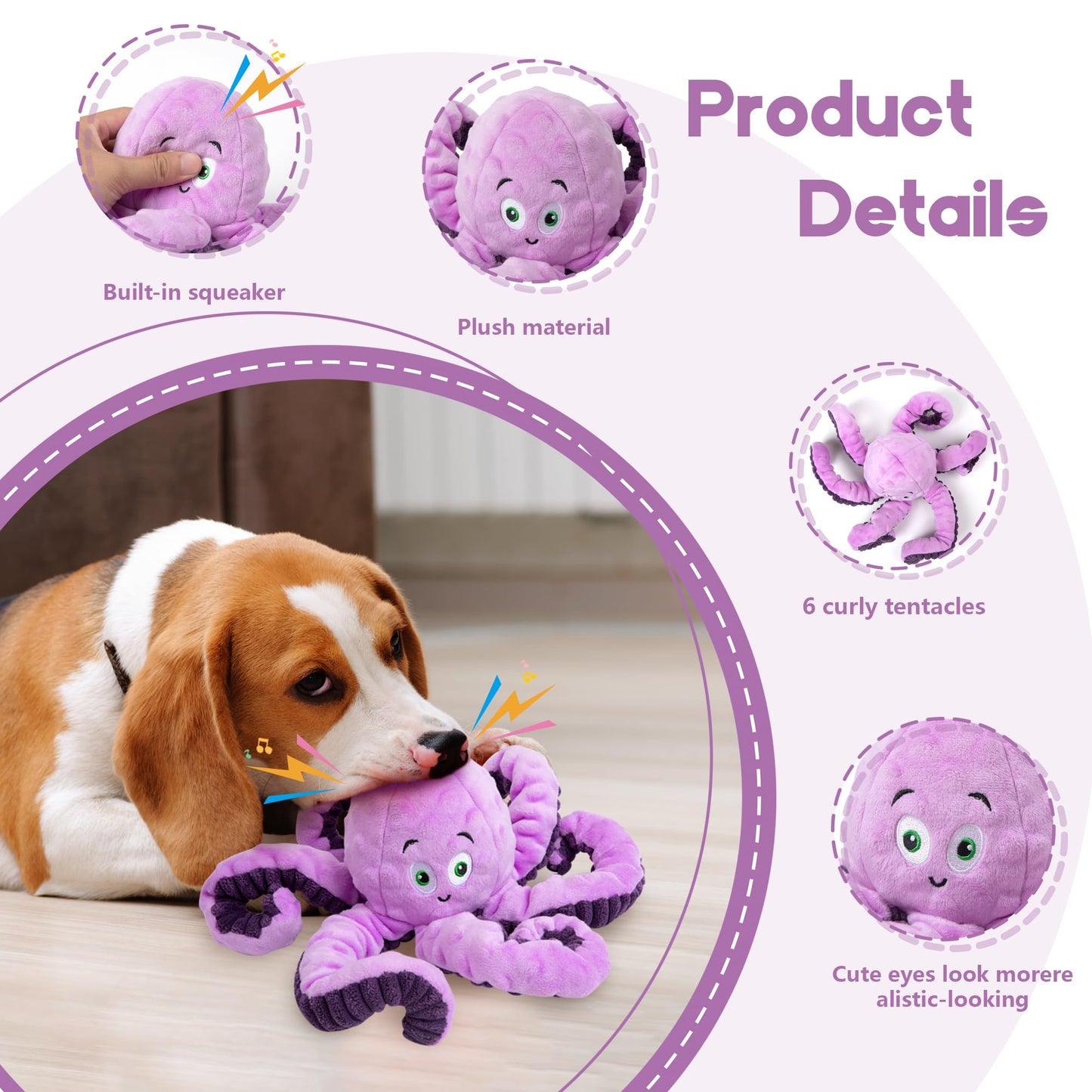 Dog Toys for Large Breed, Squeaky Funny Cute Interactive All Size Dog Toys, Stuffed Plush Animals Puppy Toys, Dog Birthday Presents Octopus
