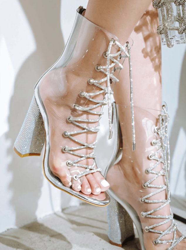 Lookey Clear Lace-Up Rhinestone Ankle Boots â Transparent Peep Toe Party Heels for Women