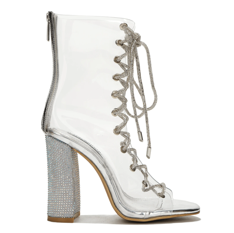 Lookey Clear Lace-Up Rhinestone Ankle Boots â Transparent Peep Toe Party Heels for Women