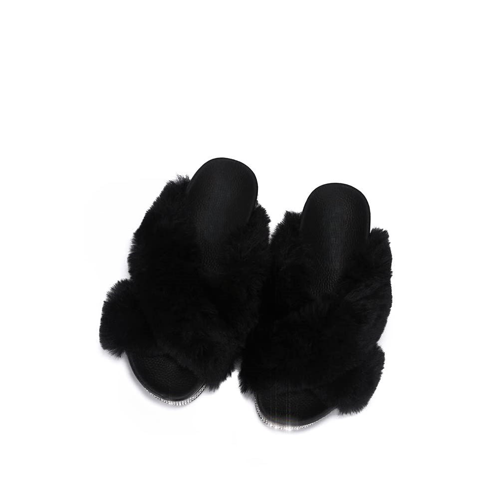 Spotty Criss Cross Furry Platform Slides â Rhinestone Trimmed Fuzzy Sandals for Women