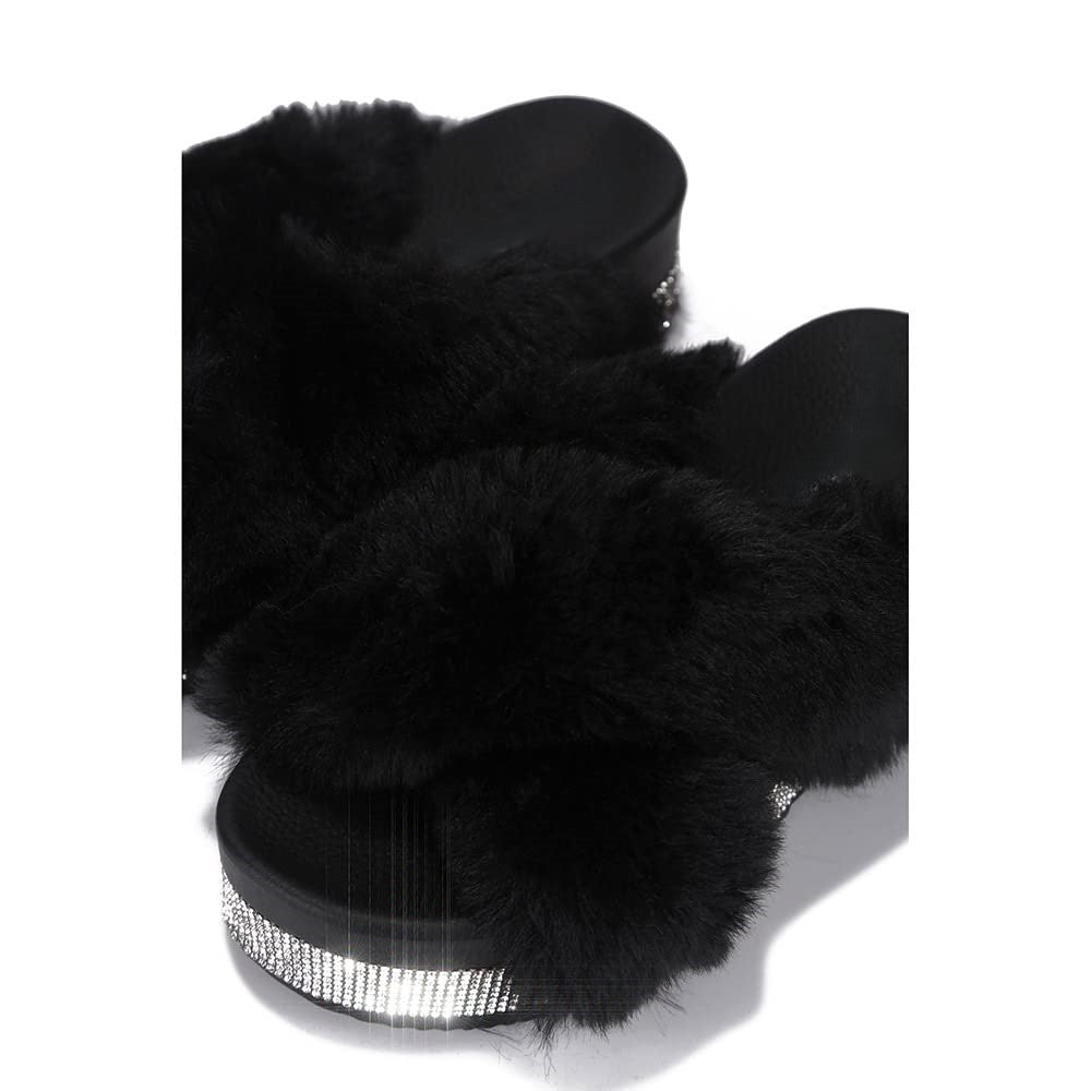 Spotty Criss Cross Furry Platform Slides â Rhinestone Trimmed Fuzzy Sandals for Women