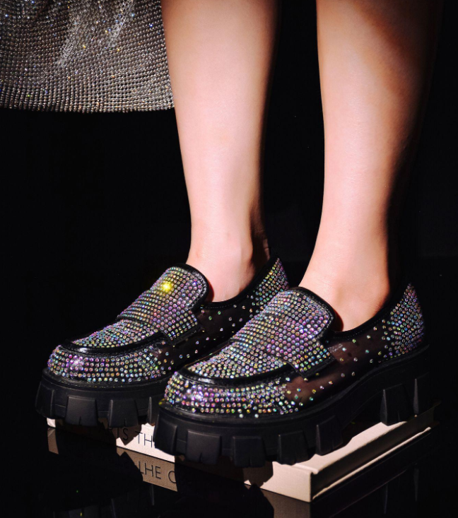 Abbe Women’s Rhinestone Chunky Loafers – Transparent Round Toe Sparkly Platform Flats
