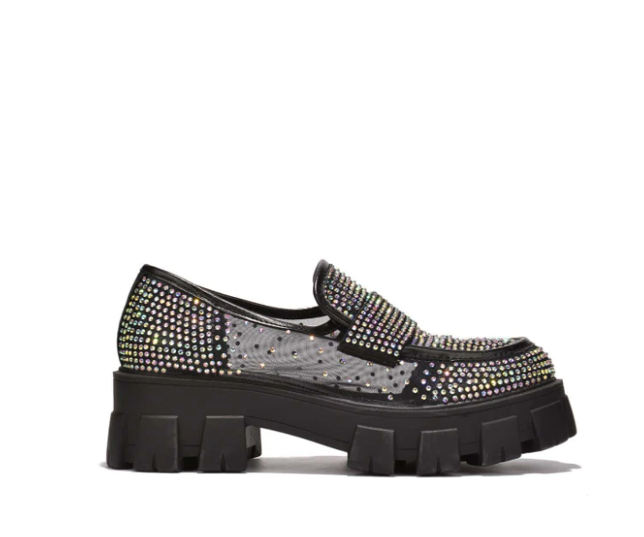 Abbe Women’s Rhinestone Chunky Loafers – Transparent Round Toe Sparkly Platform Flats
