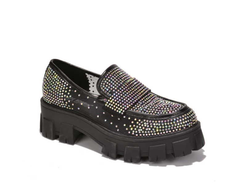 Abbe Women’s Rhinestone Chunky Loafers – Transparent Round Toe Sparkly Platform Flats