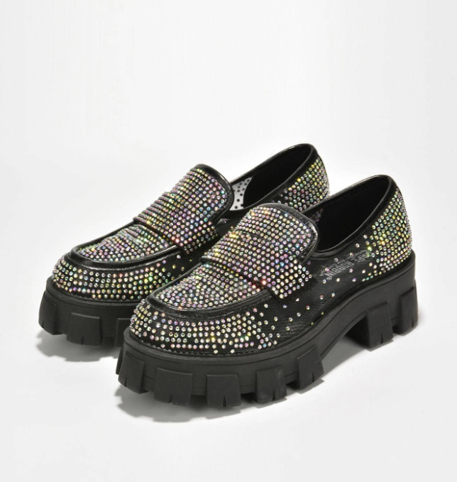Abbe Women’s Rhinestone Chunky Loafers – Transparent Round Toe Sparkly Platform Flats