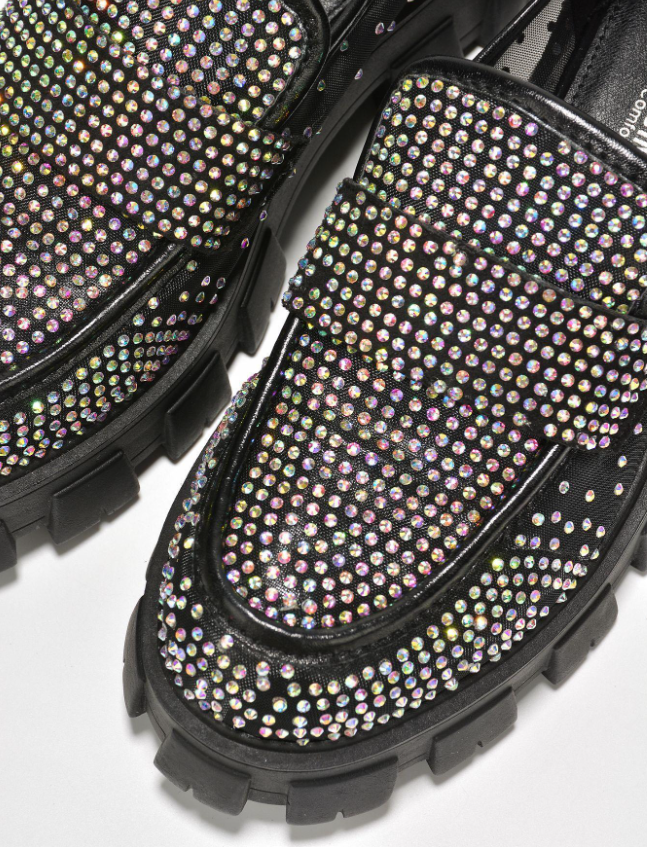Abbe Women’s Rhinestone Chunky Loafers – Transparent Round Toe Sparkly Platform Flats
