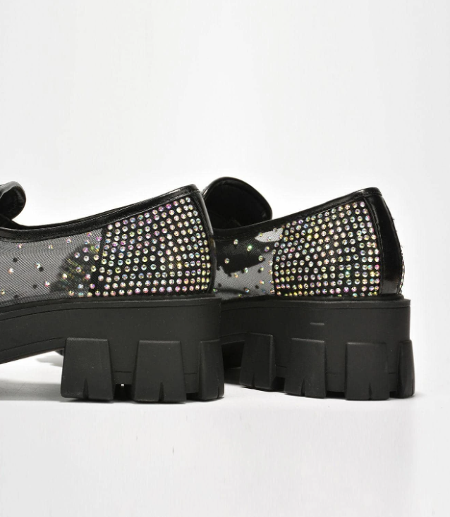 Abbe Women’s Rhinestone Chunky Loafers – Transparent Round Toe Sparkly Platform Flats