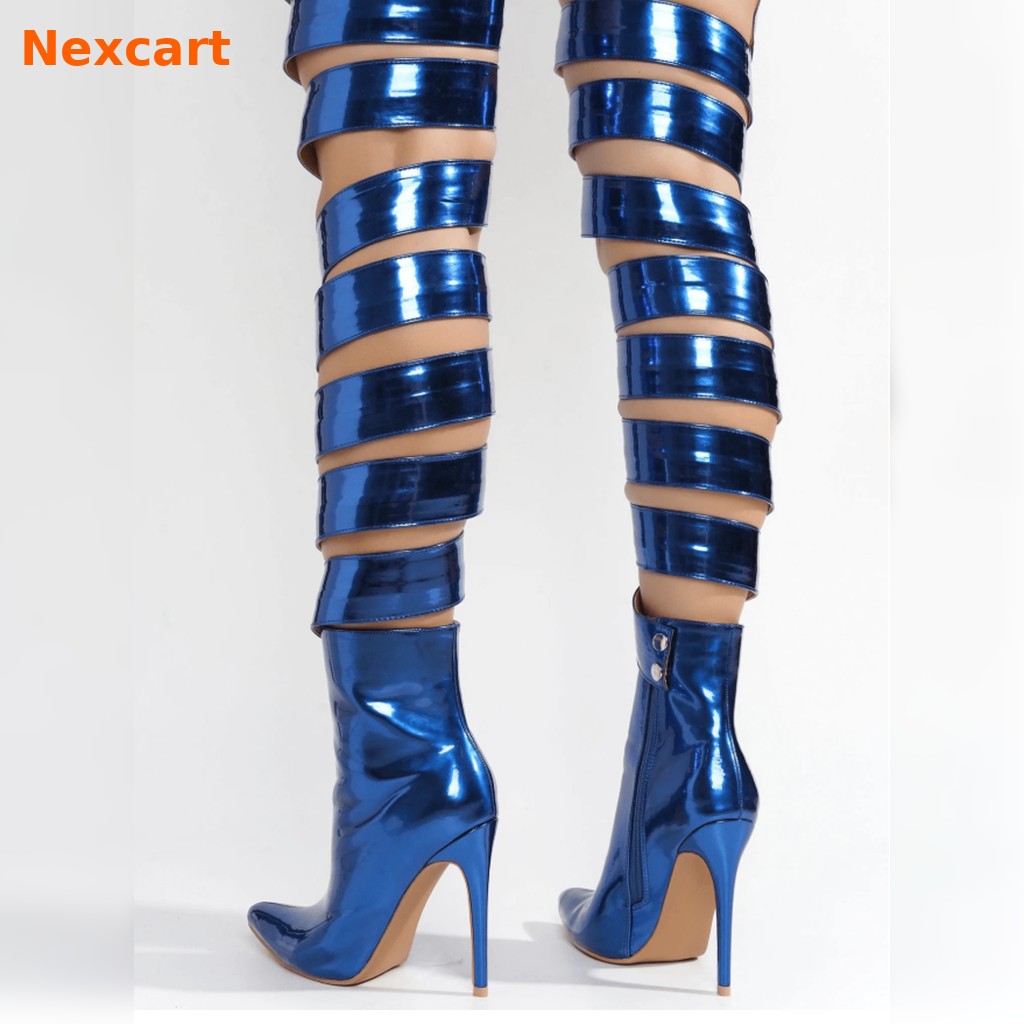 Lapel Women’s Shiny Blue Stiletto Boots – Over-the-Knee and Ankle Patent Leather Heels for Party, Fashion Show, and Street Style