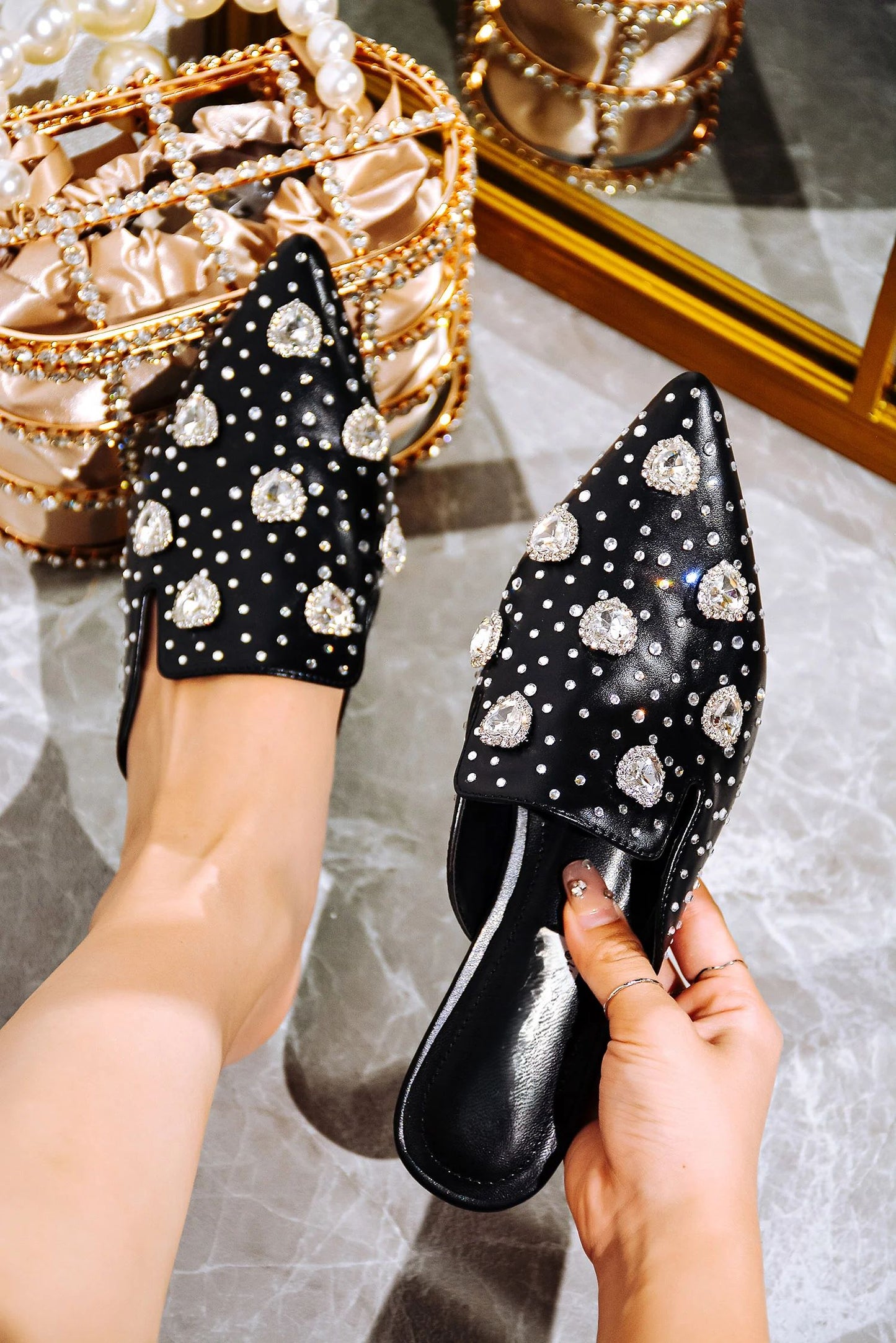 Sierra Lady’s Glam Crystal Bling Pink Pointed-Toe Mules – Studded Clear Slip-On Shoes for Women