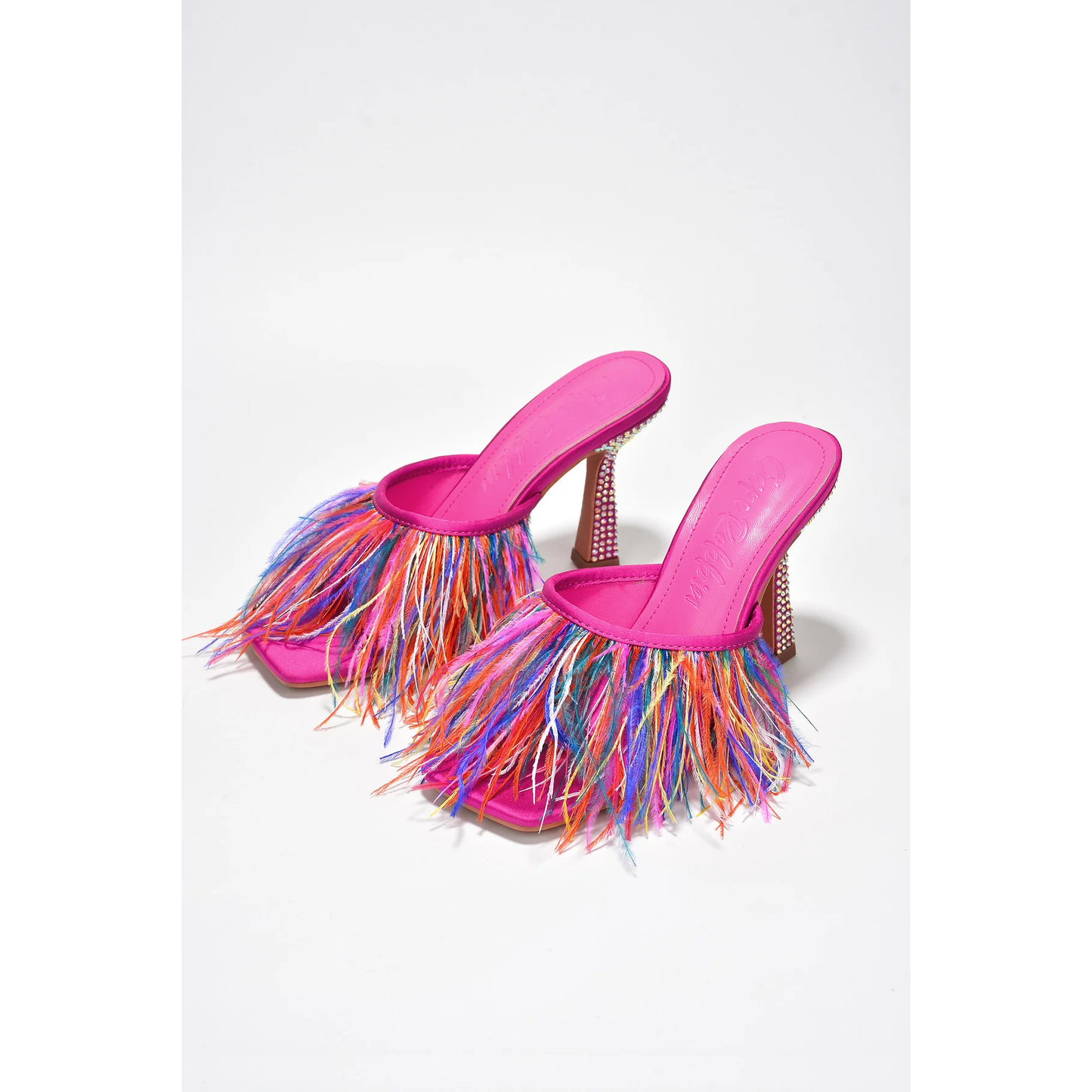 YONI Fuchsia Feather High Heel Mules – Colorful Fringe Heels with Rhinestone Block Heel, Square Toe Party Sandals for Women