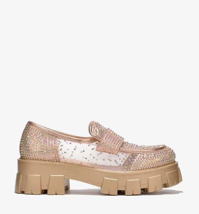 Abbe Women’s Rhinestone Chunky Loafers – Transparent Round Toe Sparkly Platform Flats