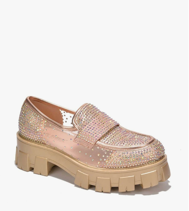 Abbe Women’s Rhinestone Chunky Loafers – Transparent Round Toe Sparkly Platform Flats