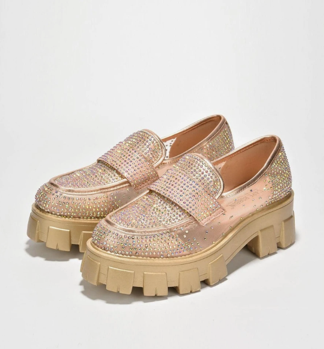 Abbe Women’s Rhinestone Chunky Loafers – Transparent Round Toe Sparkly Platform Flats