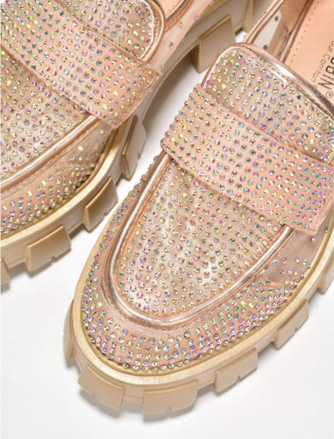 Abbe Women’s Rhinestone Chunky Loafers – Transparent Round Toe Sparkly Platform Flats