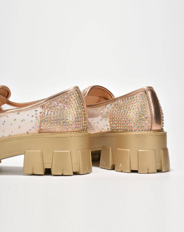 Abbe Women’s Rhinestone Chunky Loafers – Transparent Round Toe Sparkly Platform Flats