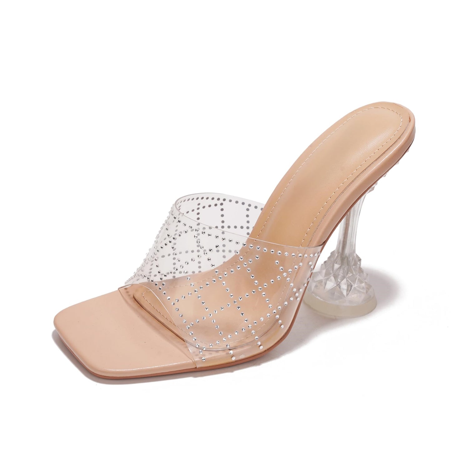 Eli Sexy Clear Heels for Women â Square Toe Crystal Wine Glass Heel Sandals with Rhinestone Straps
