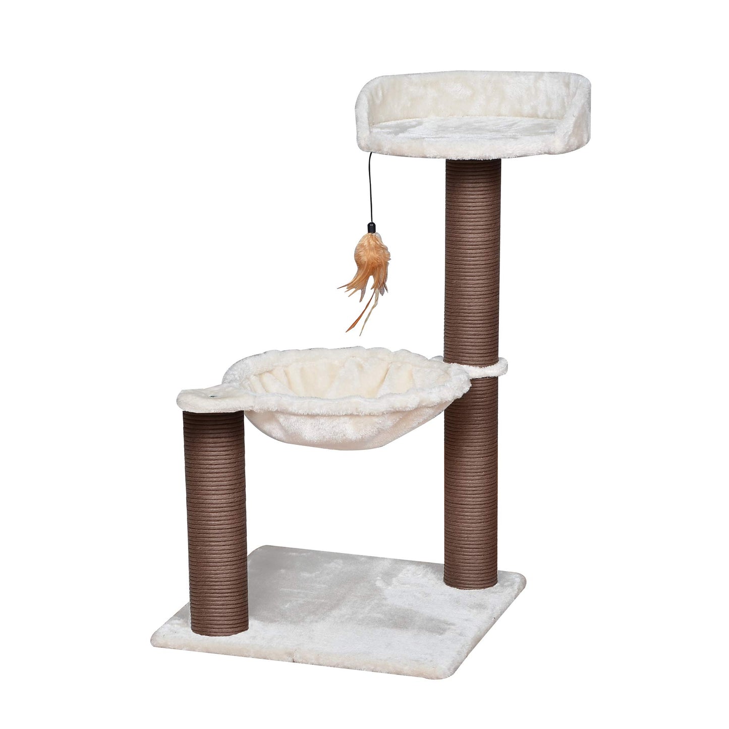 3-Level Cat Tree with Feather Toy - Small Cat Hammock, Scratching Posts, 15lbs Capacity, Beige