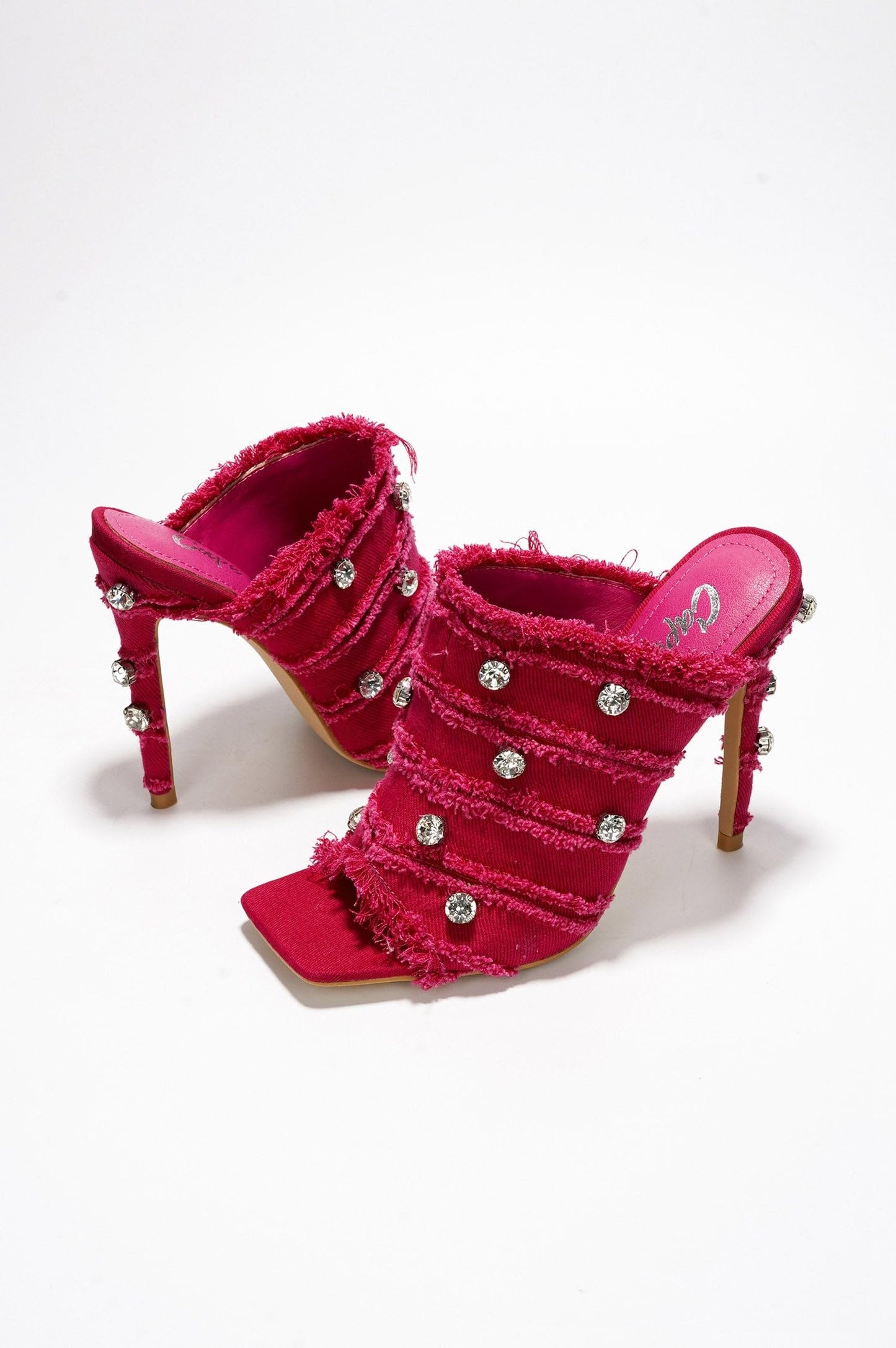 Revolt Women’s Rhinestone Denim High Heel Mules – Frayed Square Toe Stiletto Party Heels