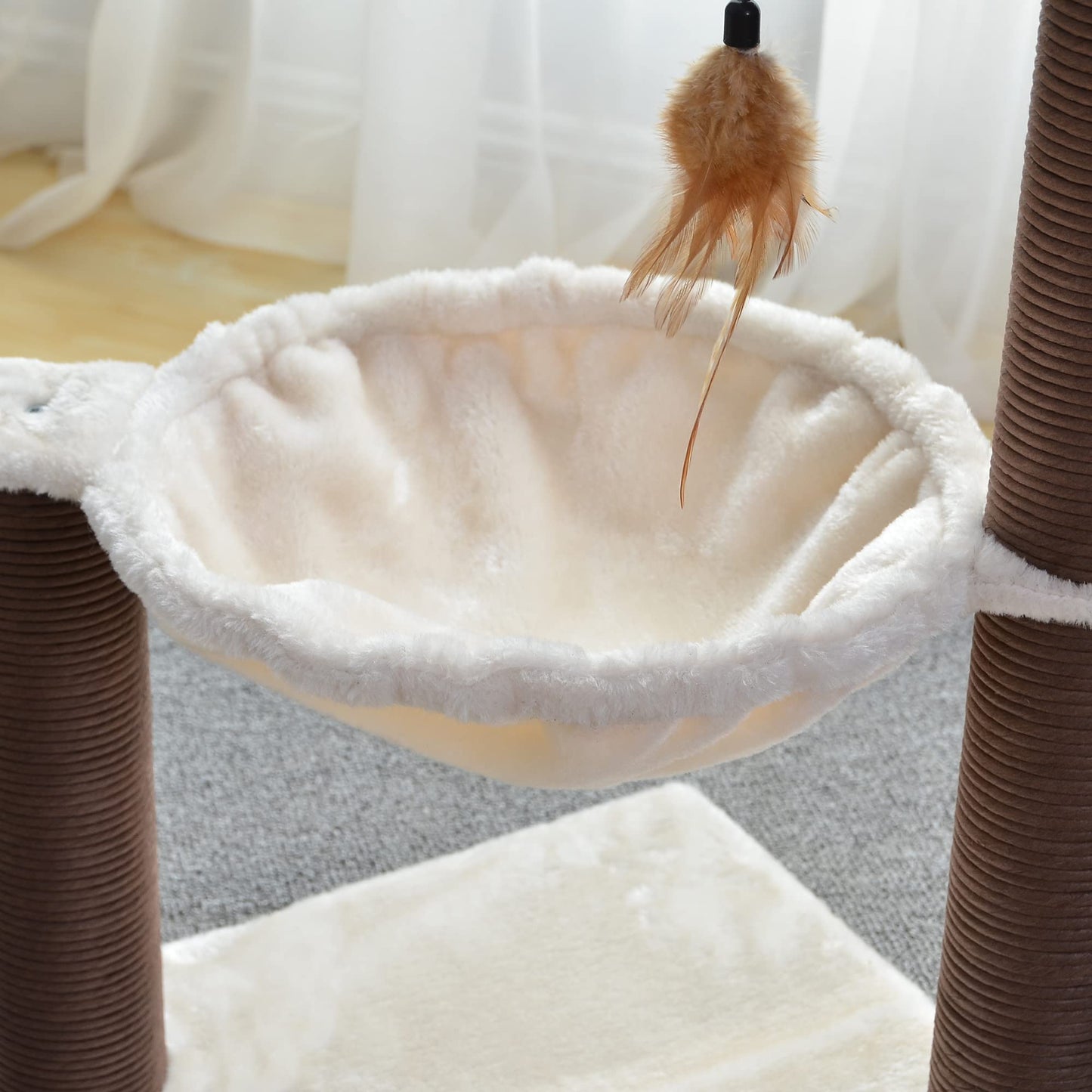 3-Level Cat Tree with Feather Toy - Small Cat Hammock, Scratching Posts, 15lbs Capacity, Beige