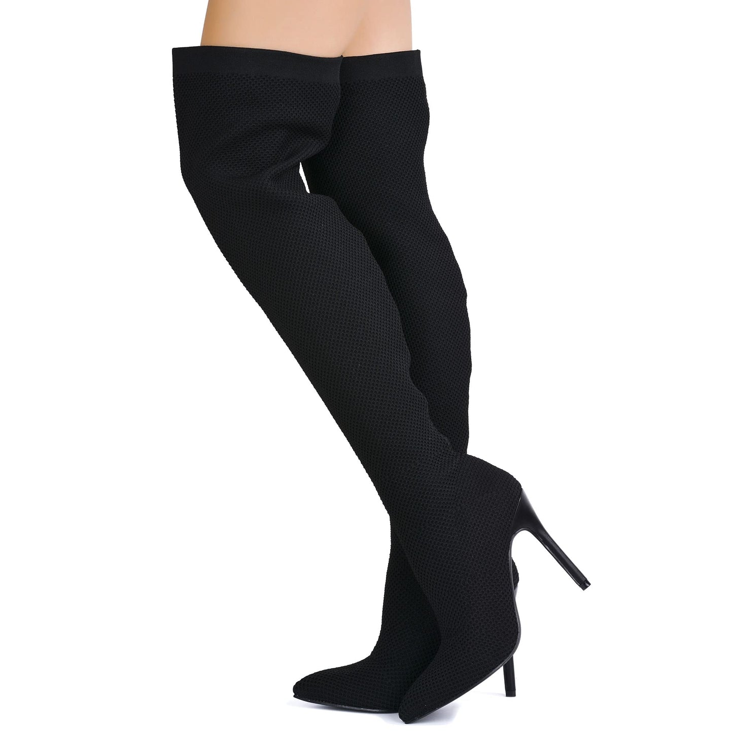 Geina Over-the-Knee Pointed Toe Sock Boots – Women’s Stretch Knit Stiletto Heel Thigh High Boots