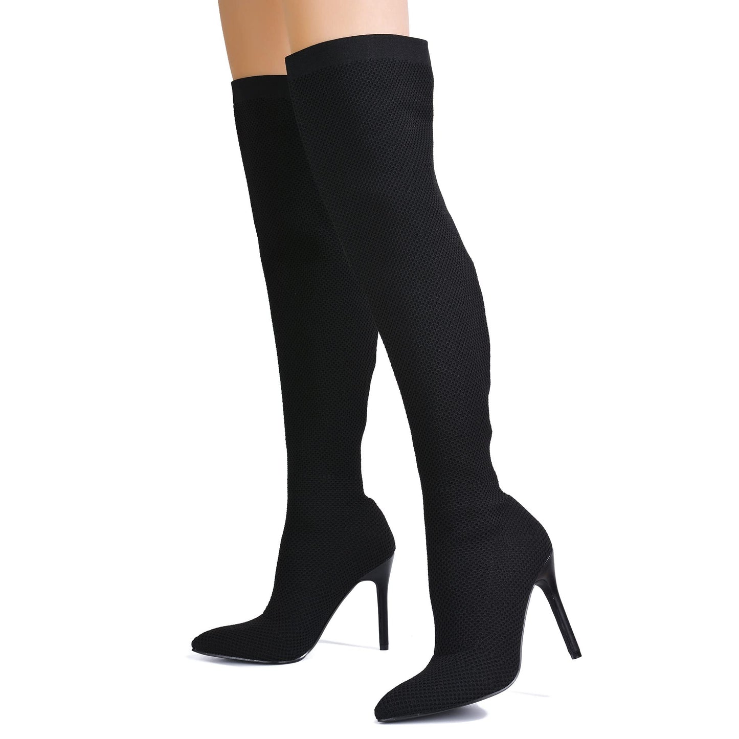 Geina Over-the-Knee Pointed Toe Sock Boots – Women’s Stretch Knit Stiletto Heel Thigh High Boots