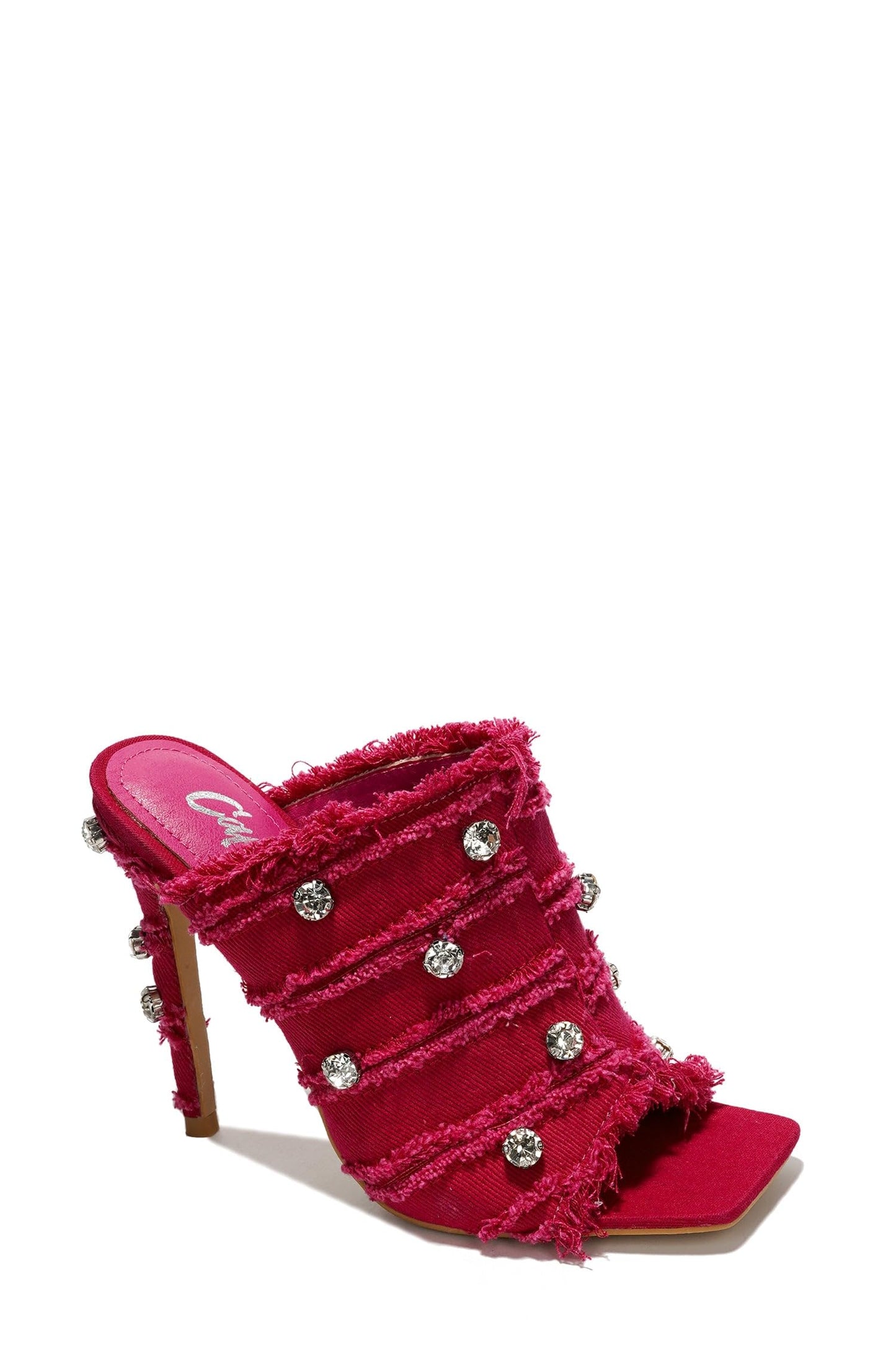 Revolt Women’s Rhinestone Denim High Heel Mules – Frayed Square Toe Stiletto Party Heels
