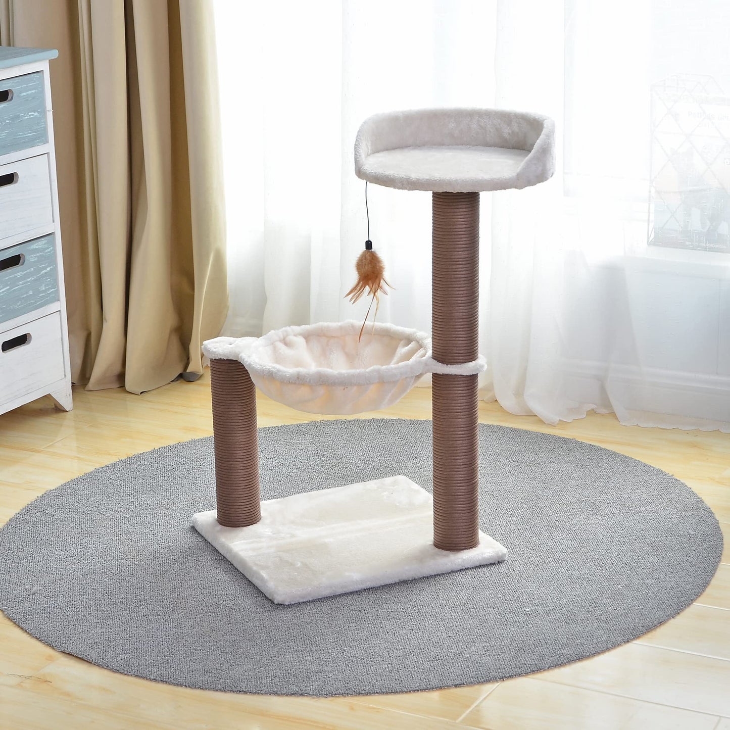 3-Level Cat Tree with Feather Toy - Small Cat Hammock, Scratching Posts, 15lbs Capacity, Beige