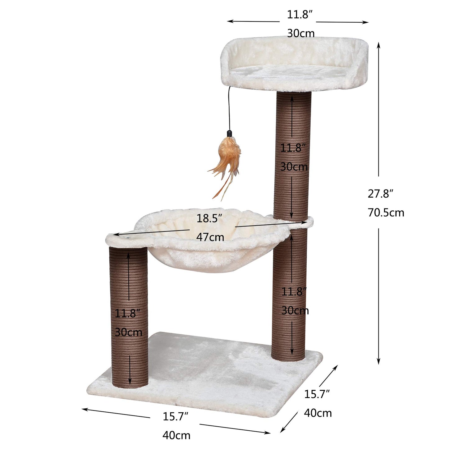 3-Level Cat Tree with Feather Toy - Small Cat Hammock, Scratching Posts, 15lbs Capacity, Beige