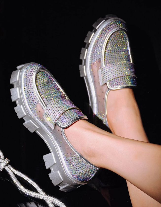 Abbe Women’s Rhinestone Chunky Loafers – Transparent Round Toe Sparkly Platform Flats