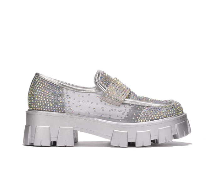 Abbe Women’s Rhinestone Chunky Loafers – Transparent Round Toe Sparkly Platform Flats