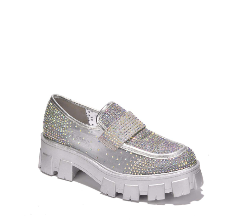 Abbe Women’s Rhinestone Chunky Loafers – Transparent Round Toe Sparkly Platform Flats