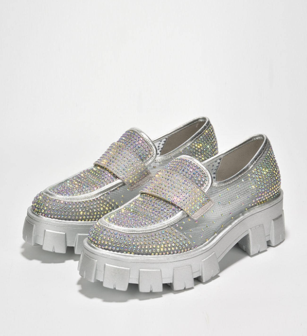 Abbe Women’s Rhinestone Chunky Loafers – Transparent Round Toe Sparkly Platform Flats